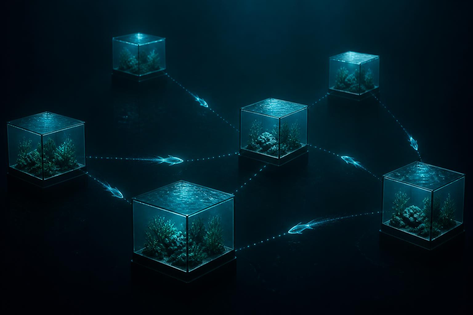 Aquários conectados por trilhas luminosas com peixes migrando entre eles, metáfora de médicos conectados a novas oportunidades